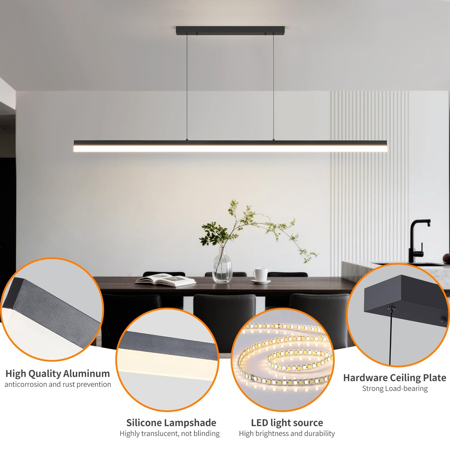 Mikeru Modern Linear Pendant Light, 59IN Aluminum Chandelier, Remote Control, Adjustable Color Temperature, B-Black