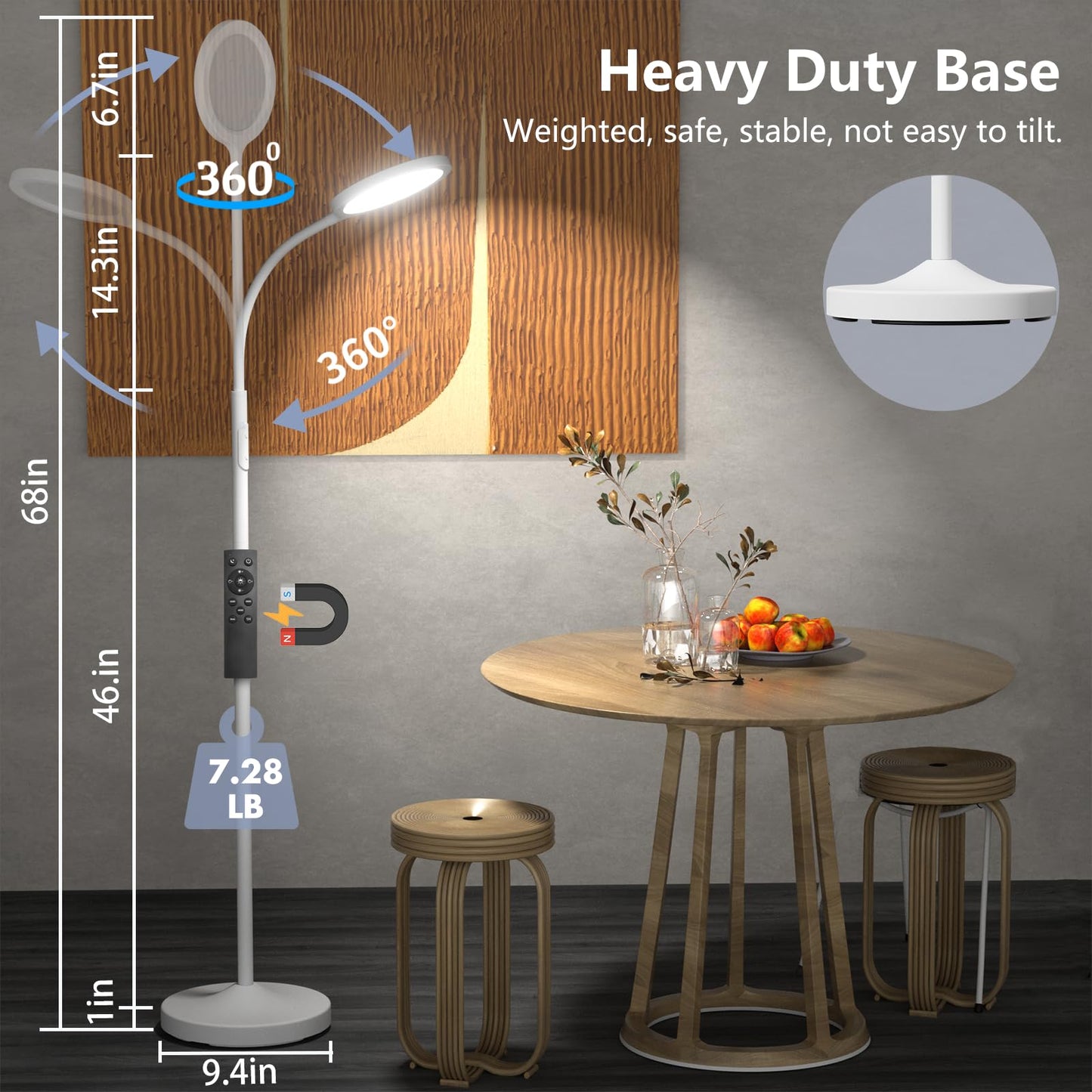 luckystyle Dimmable LED Floor Lamp with Remote, Adjustable Gooseneck, White, Model LK-1006