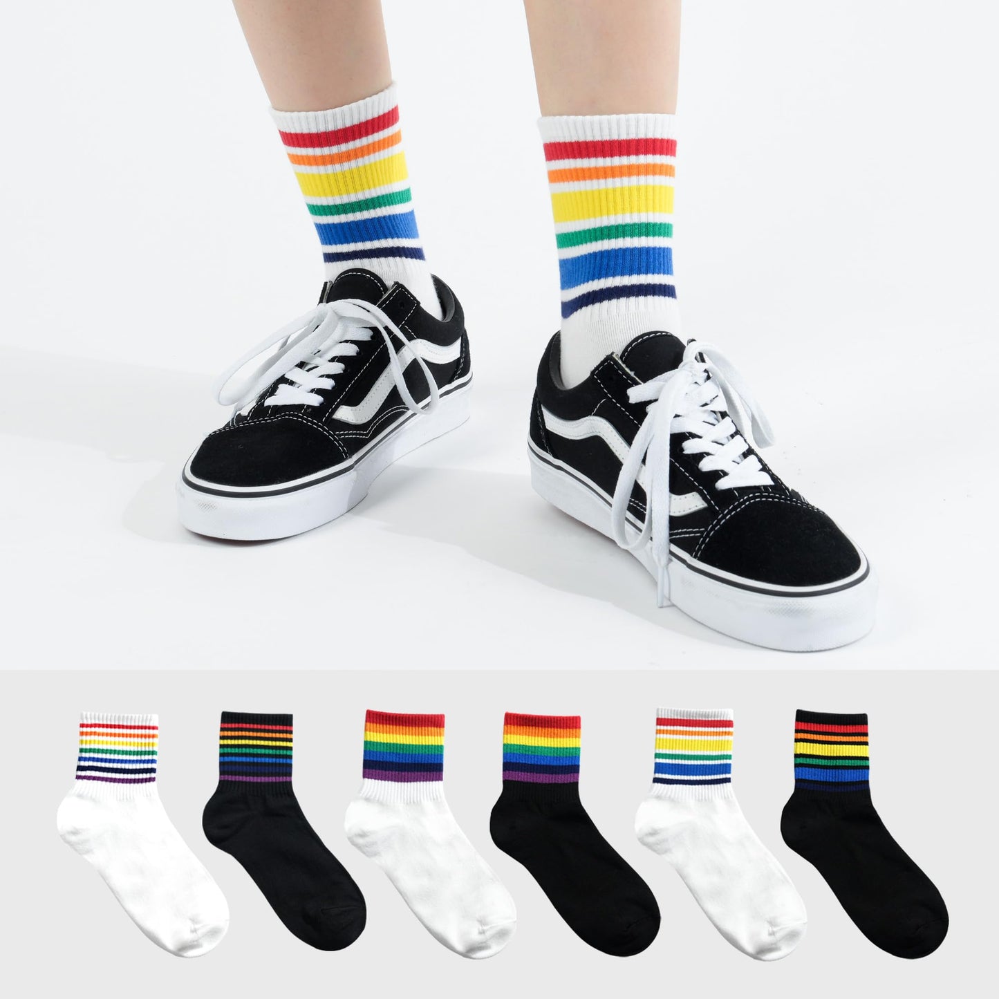 kikiya socks Women Pattern Crew | 6 Pairs Black White Rainbow Tube Pride Color Striped Print Mid Calf Design Daily Trouser Boot Cotton Socks | Womens Ladies Girls Gift | Rainbow Tube