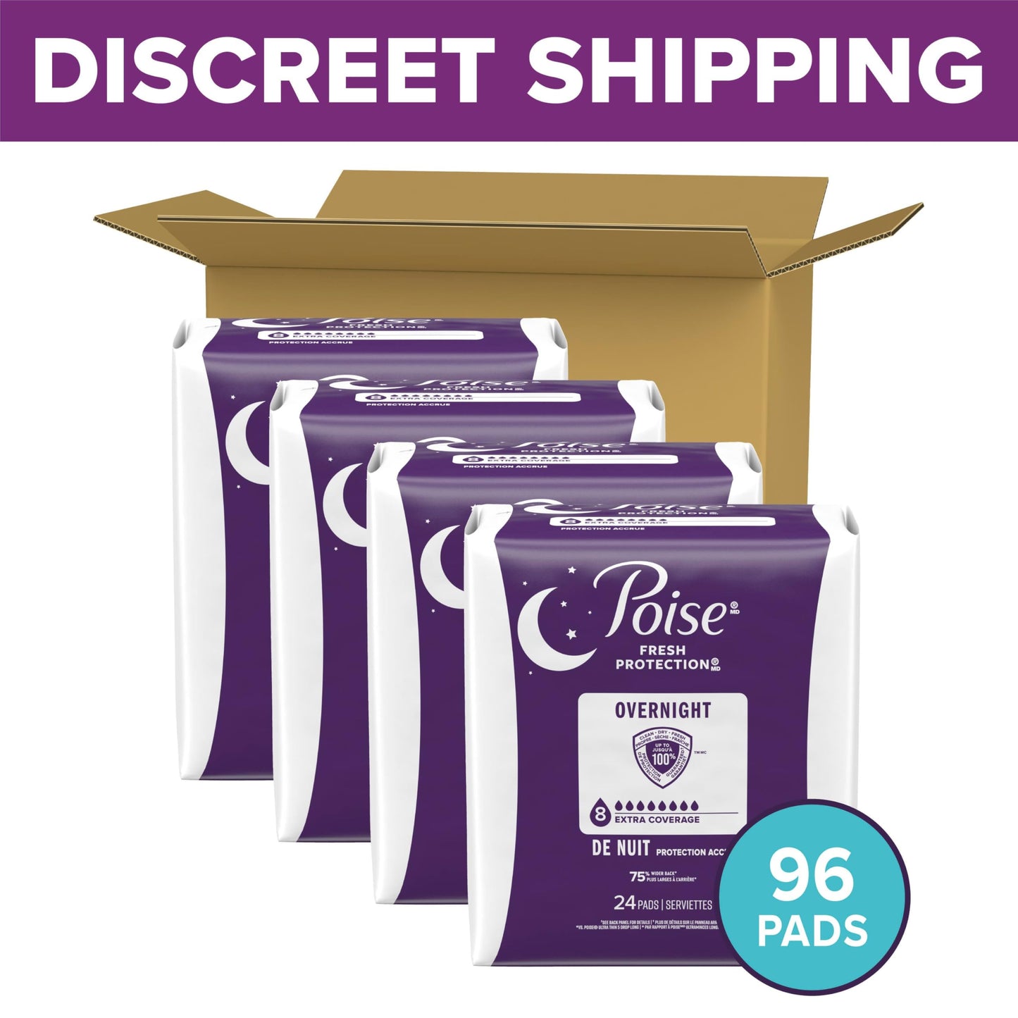 Poise Overnight Incontinence & Postpartum Pads for Bladder Leaks, 8 Drop Extra Coverage, 96 Count, Packaging May Vary