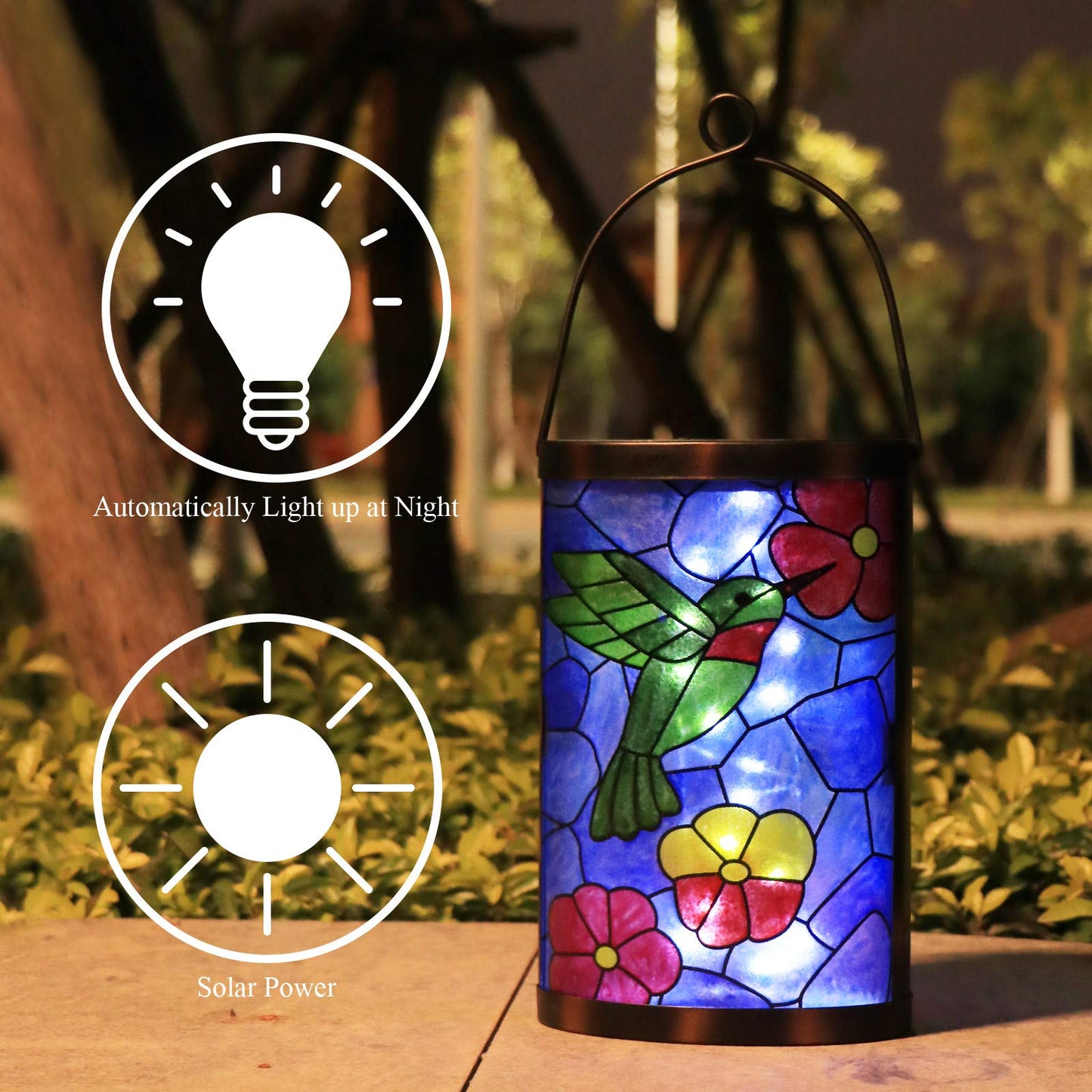 MUMTOP Hanging Solar Lantern - Waterproof LED Hummingbird Lights, Blue-Green, Model ohrm004, for Outdoor Patio Garden