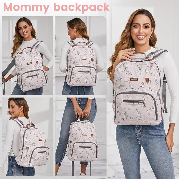 Diaper Bag Backpack, Large Baby Nappy Bags with Portable Changing Pad for Boys and GirlsMultifunction Travel Baby Bag for Moms Dads, Shower Gifts Waterproof and Stylish,Flower Pink