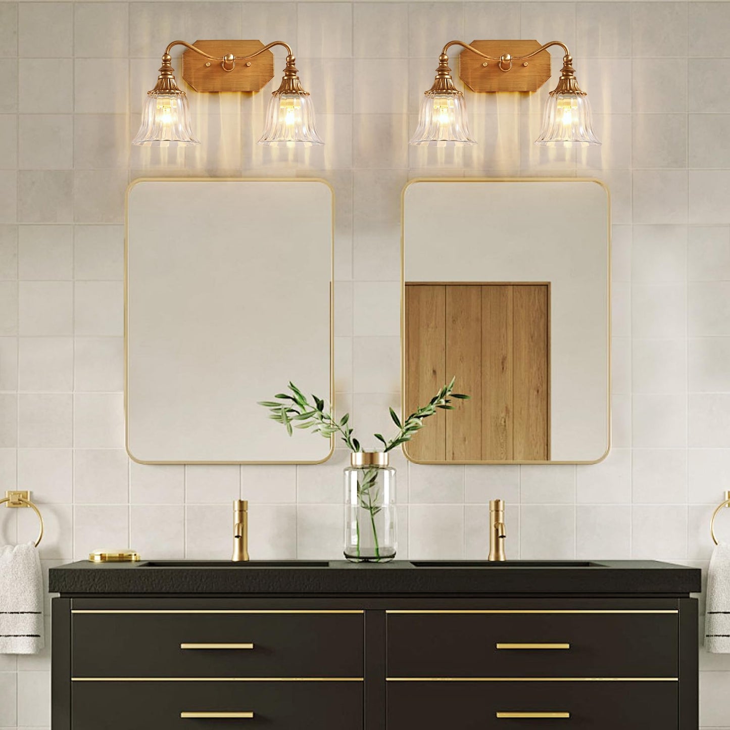 Lmnlvn Bathroom Vanity Gold Light Fixture 2 Lights Bathroom Lighting Matte Antique Brass Finish With Crystal Glass Shade Gold Vintage Vanity Light For Bathrooms