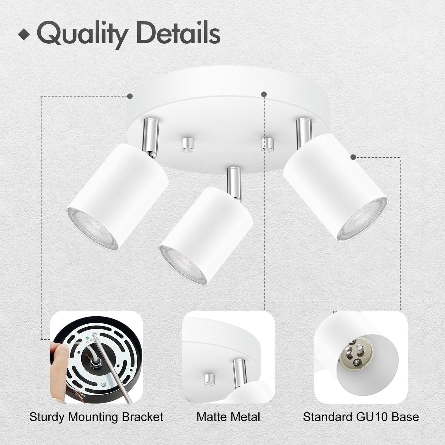 3 Light Track Lighting Fixtures Ceiling, Matte White Round Directional Ceiling Spotlight, GU10 Flush Mount Track Fixture, Adjustable Modern LED track Lights for Kitchen/Living Room, Bulb Not Included
