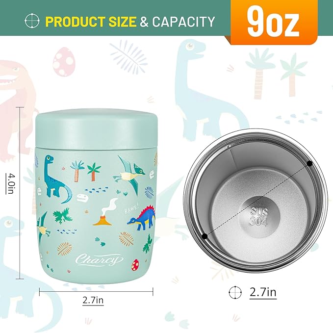 Charcy 9oz Stainless Steel Vacuum Insulated Kids Food Jar - Soup Thermo for Hot & Cold Food - Turquoise Dinosaur