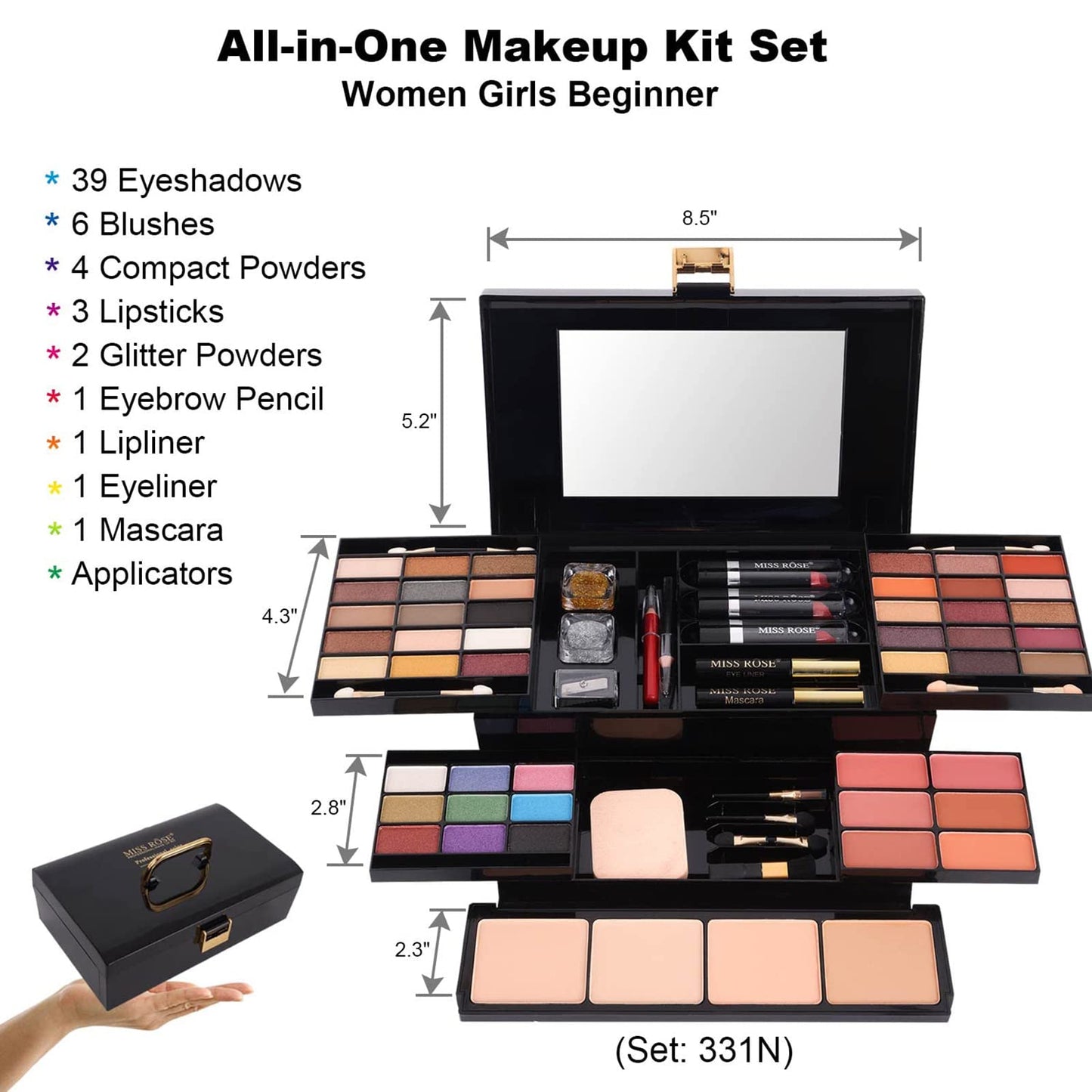 MISS ROSE M 58 Color Professional Makeup Kit for Women Full Kit, Include Eyeshadow Facial Blusher Eyebrow Powder Face Concealer Powder Eyeliner Pencil and a Mirror(331N)