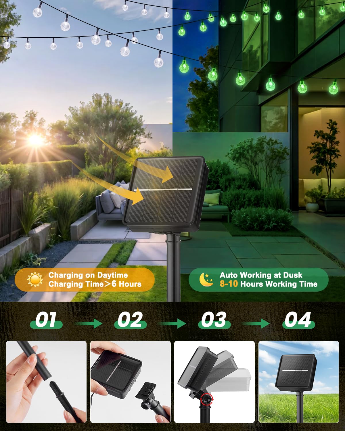 Brightown Solar String Lights, 60 LED, 35.6ft, Waterproof Crystal Globe, 8 Lighting Modes, Green, Model DY-SB-1-60