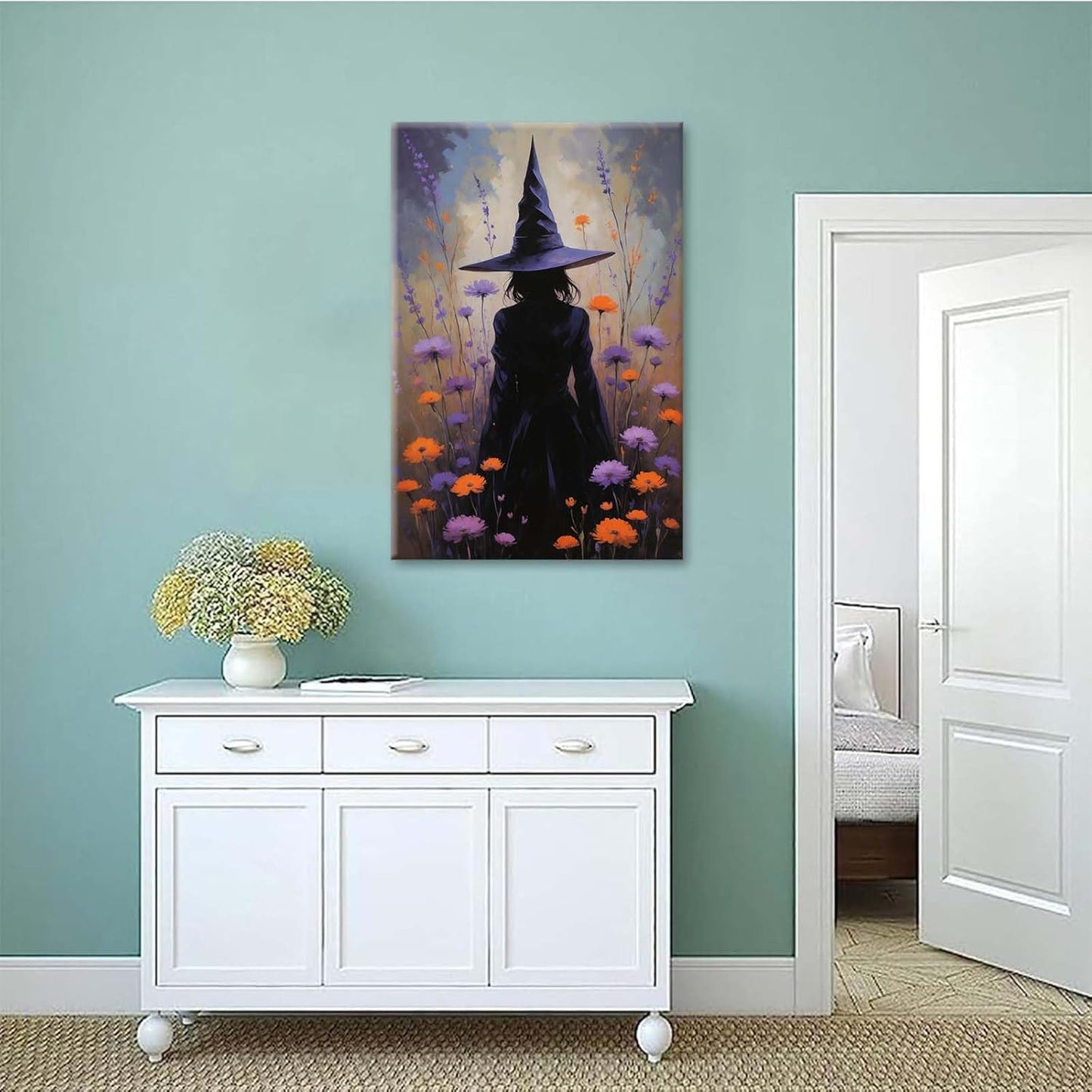 Country wildflower witch canvas print halloween mashup art witch purple decoration bohemian elegant art poster28x40in Wood Framed