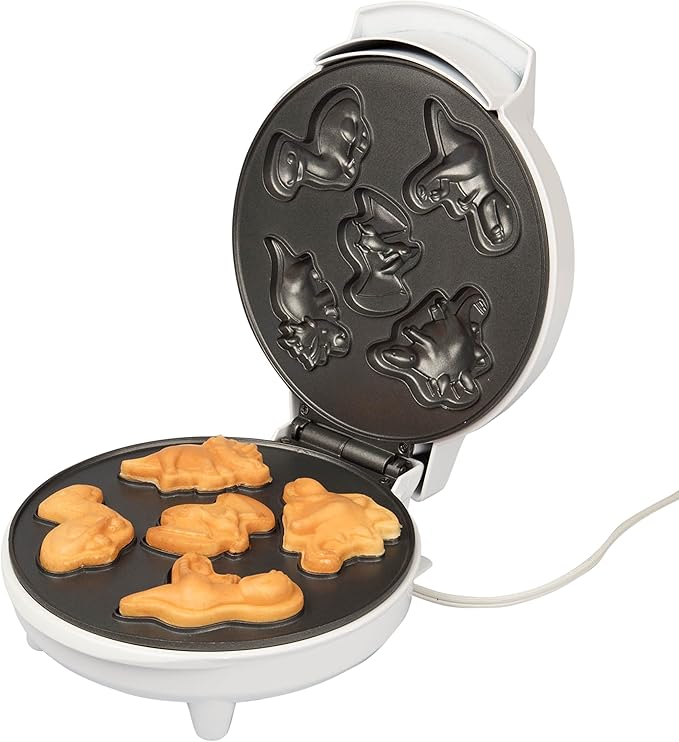 Dinosaur Mini Waffle Maker- 5 Different Double Sided 3D Shaped Dinos in Minutes- Breakfast Fun for Kids Adults w Cool Novelty Pancakes, Electric Baker, NonStick Waffler Iron w Recipe Guide, Xmas Gift