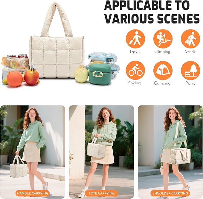 NOL Natural Organic Lifestyle Women's Nylon Lunch Cooler Quilted Tote Bag Puffy Insulated Lunch Bag for Women, Lightweight Waterproof Lunch Box for Work, Picnic, Outdoors, Cream