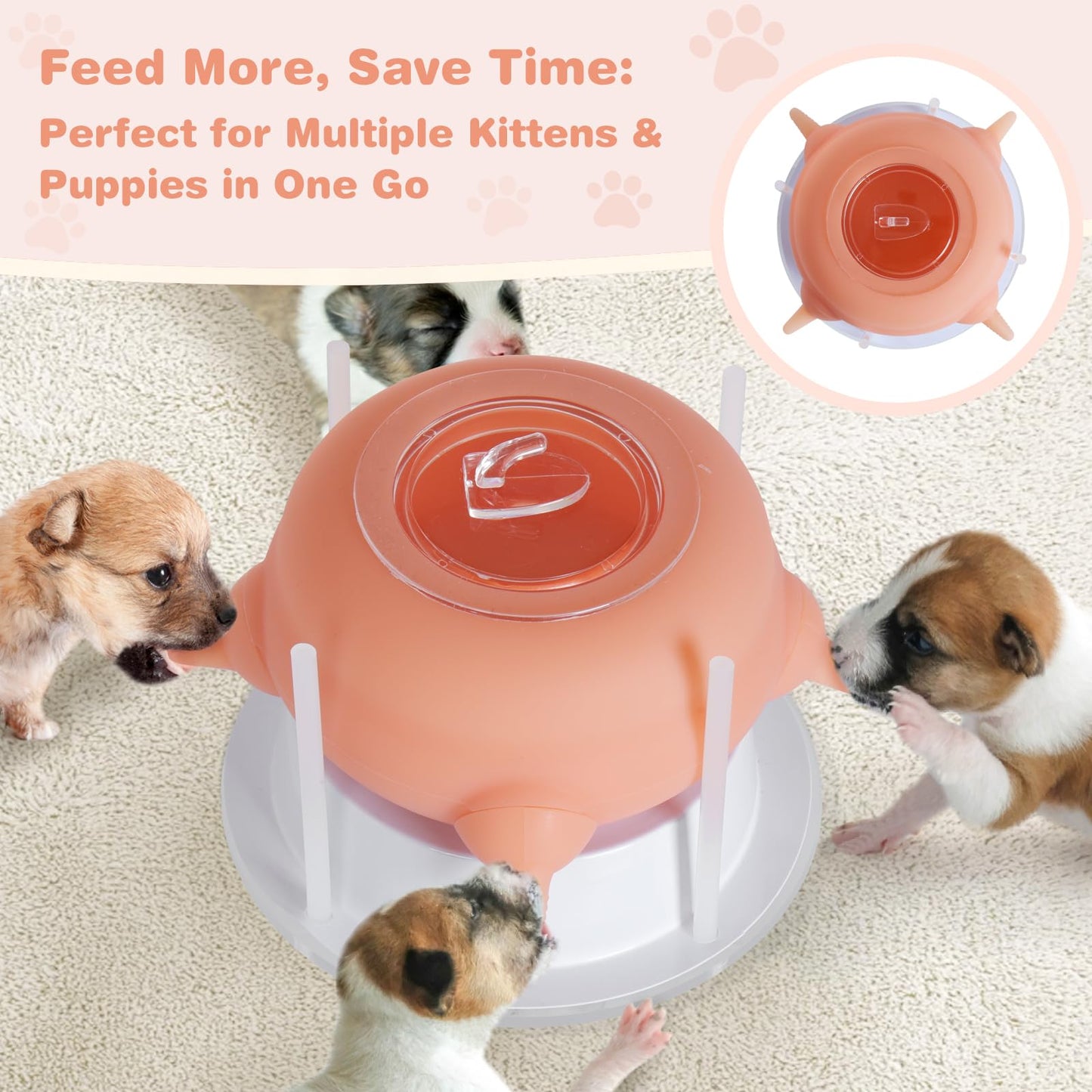 Elevonix Nursing Nipple Puppy Feeders for Multiple Puppies, 200ml Food-Grade Silicone with 4 Adjustable Detachable Nipples, Smooth Flow Nipple for Kitten Bottle Feeding Kit(Pink)