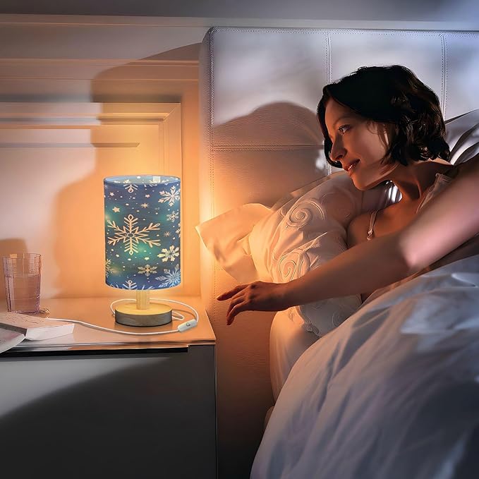 Blue Christmas Snowflakes Stars Table Lamp Bedroom Bedside Night Reading Desk Lamps Cylinder Nightstand Sleeping Light Lamp for Xmas Party Living Room Office Decor