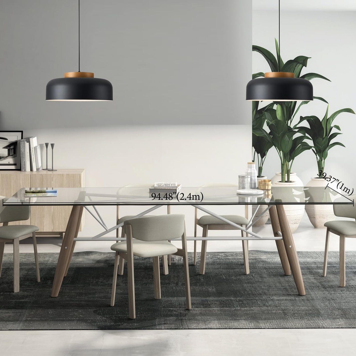 Modern Large Pendant Light Fixture 17.7 Inch Natural Wood Cap Matte Black Finish Simple Pendant Lighting For Kitchen Island Dining Room Table