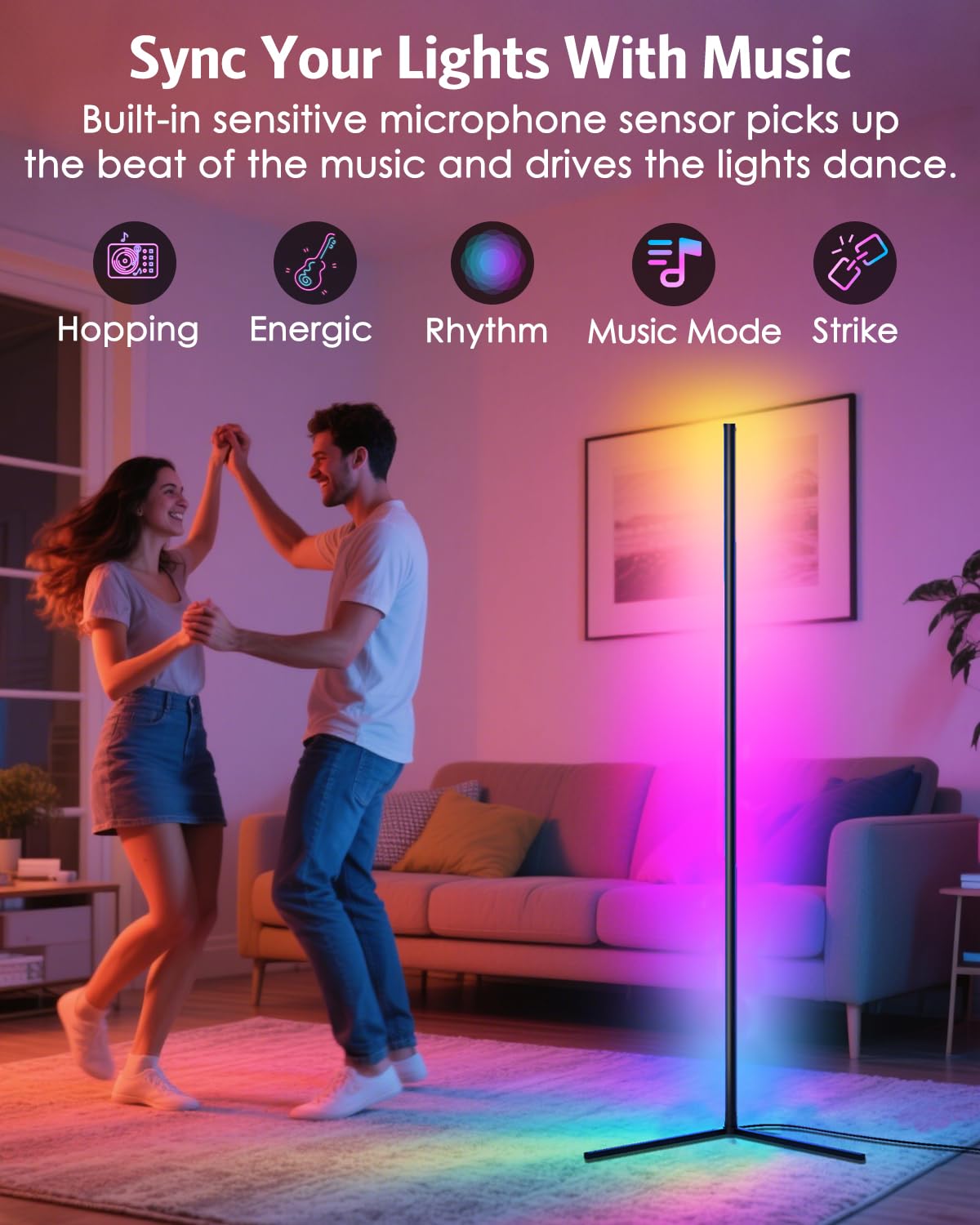 Temracha Upgraded Floor Lamp, 64.5in RGB LED, App & Remote Control, 16 Million Colors, Black, Model PL101-TM-US