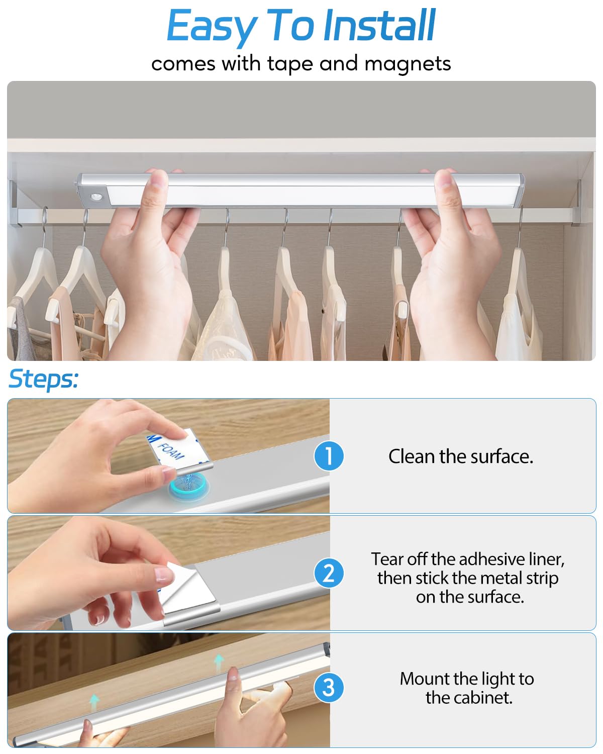 HIBOITEC LED Under Cabinet Lighting - 60 LEDs, Stepless Dimming, Motion Sensor, Plastic/Aluminum, 12.6inch, 2 Pack