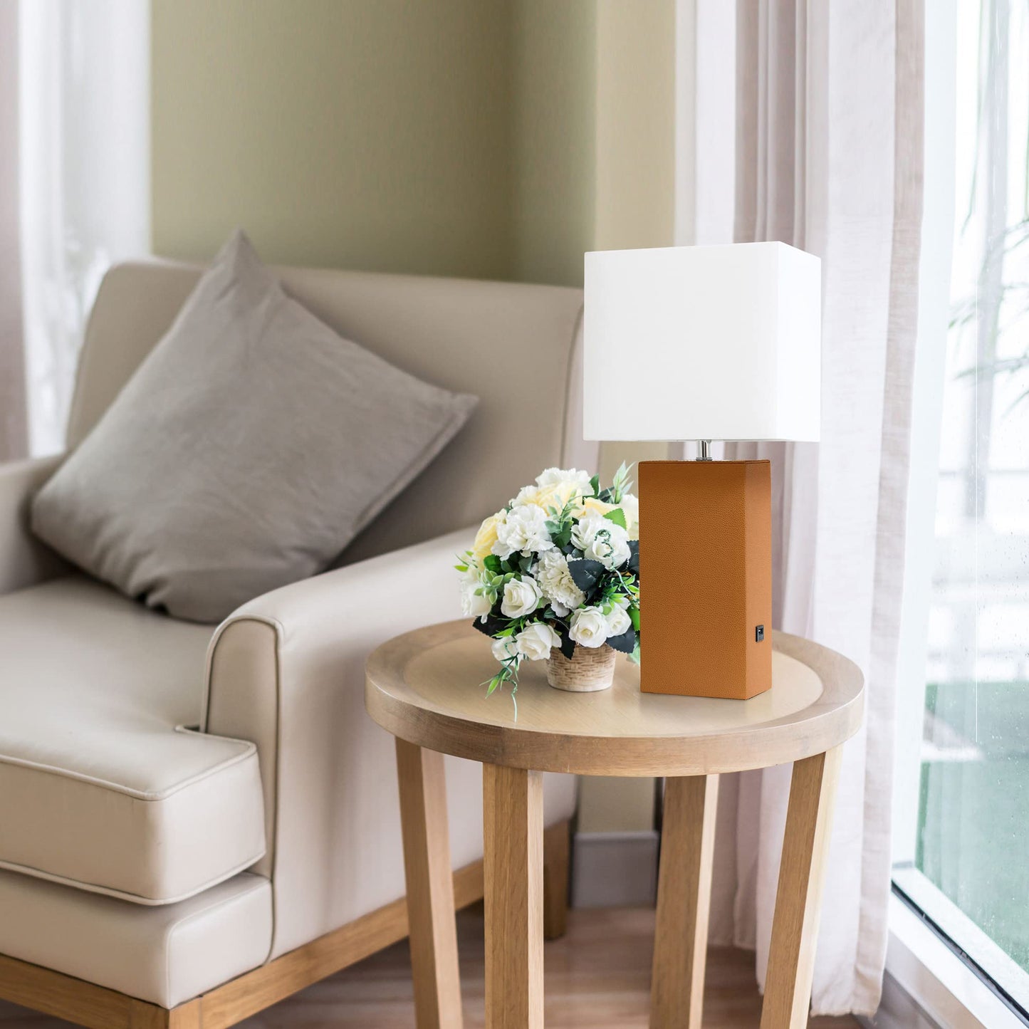 LALIA HOME Bedside Table Lamp with USB Charging Port, 21in, Tan, MDF & Leather (PVC), Model LHT-3012