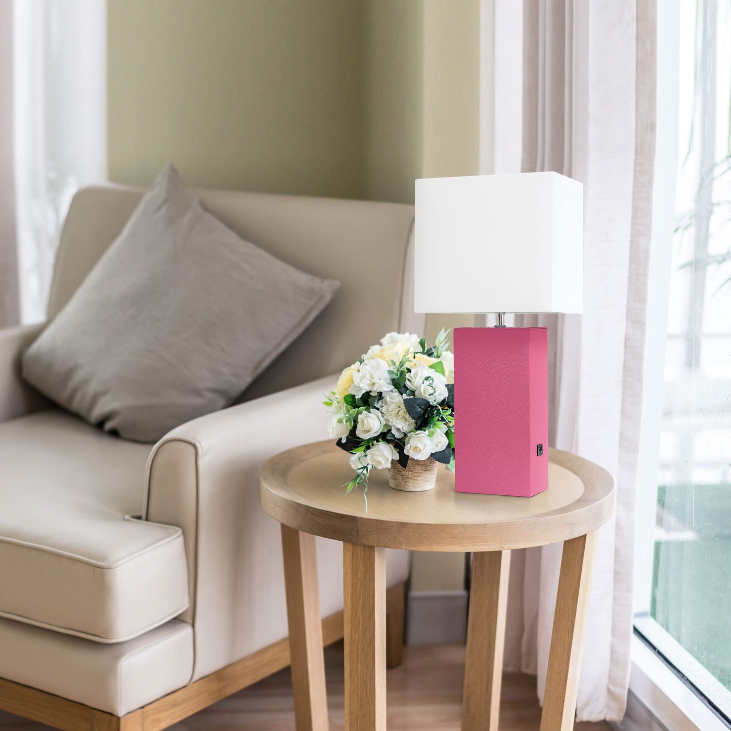 LALIA HOME Bedside Table Lamp with USB Charging Port, 21in, Hot Pink, MDF/Leather, Model LHT-3012