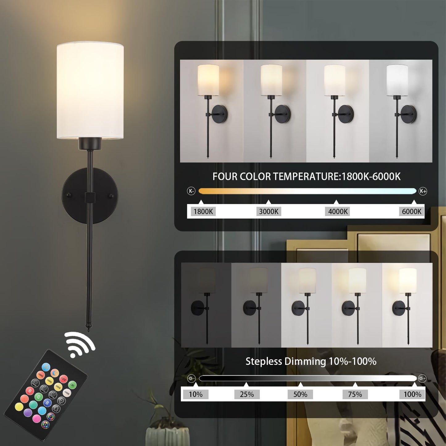 KARTOOSH Battery Operated Wall Sconce Set of Two, Dimmable, 1800K-6000K, 26.8 Inch, Black, Wireless with Remote Control, Model