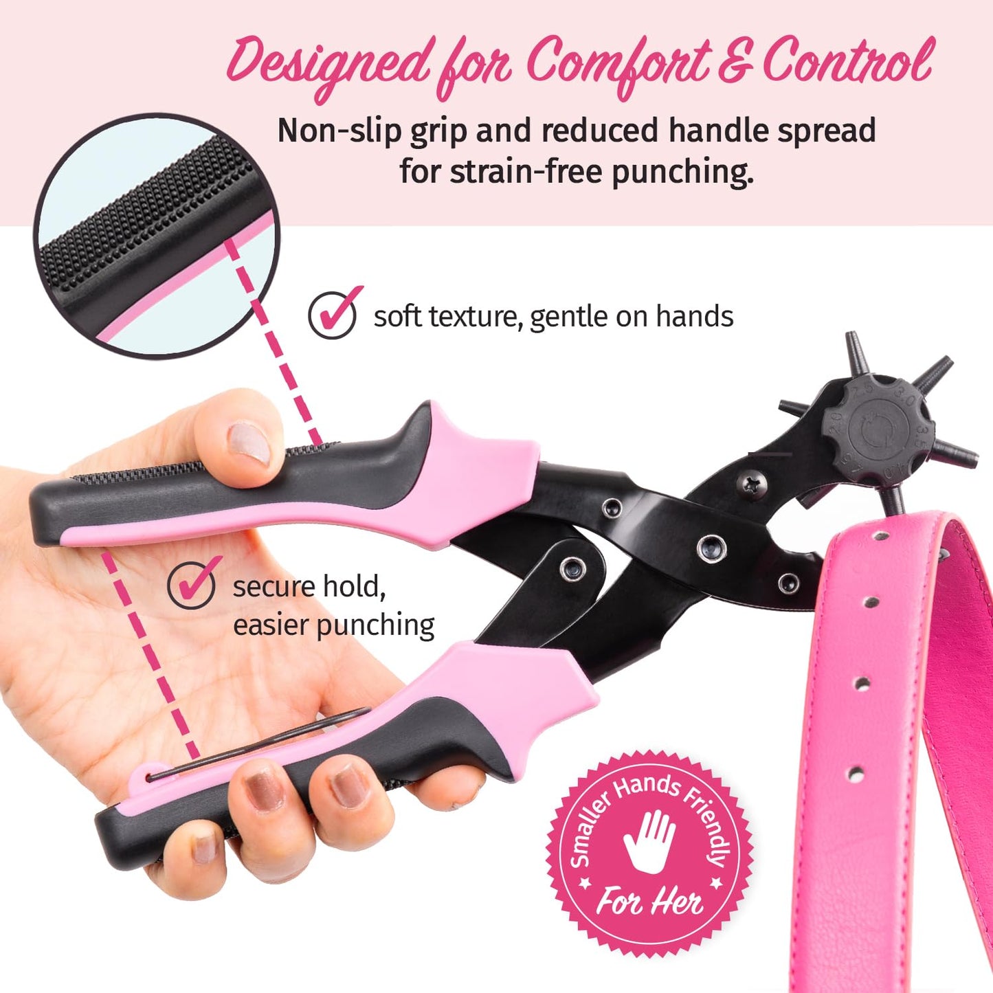 Precision Leather Hole Punch Tool, Best for Belts, Fabric, Leather (Up to 5mm Thick), Multi-Size Puncher for DIY, Craft & Home Projects, Comfortable for Smaller Hands with Reduced Handle Spread, Pink