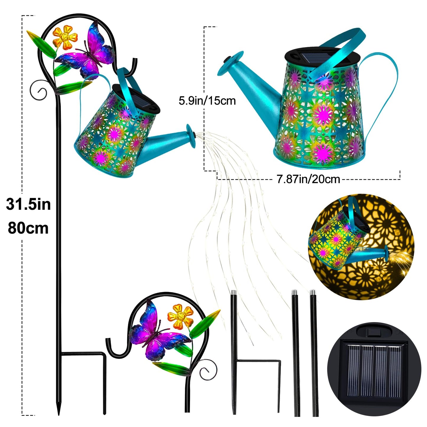 Solar Watering Can With Lights Waterproof Solar Lantern With Butterfly Shepherd Hook Hanging Garden Lights For Patio Yard Lawn Porch Outdoor Decoration Unique Garden Gifts For Women