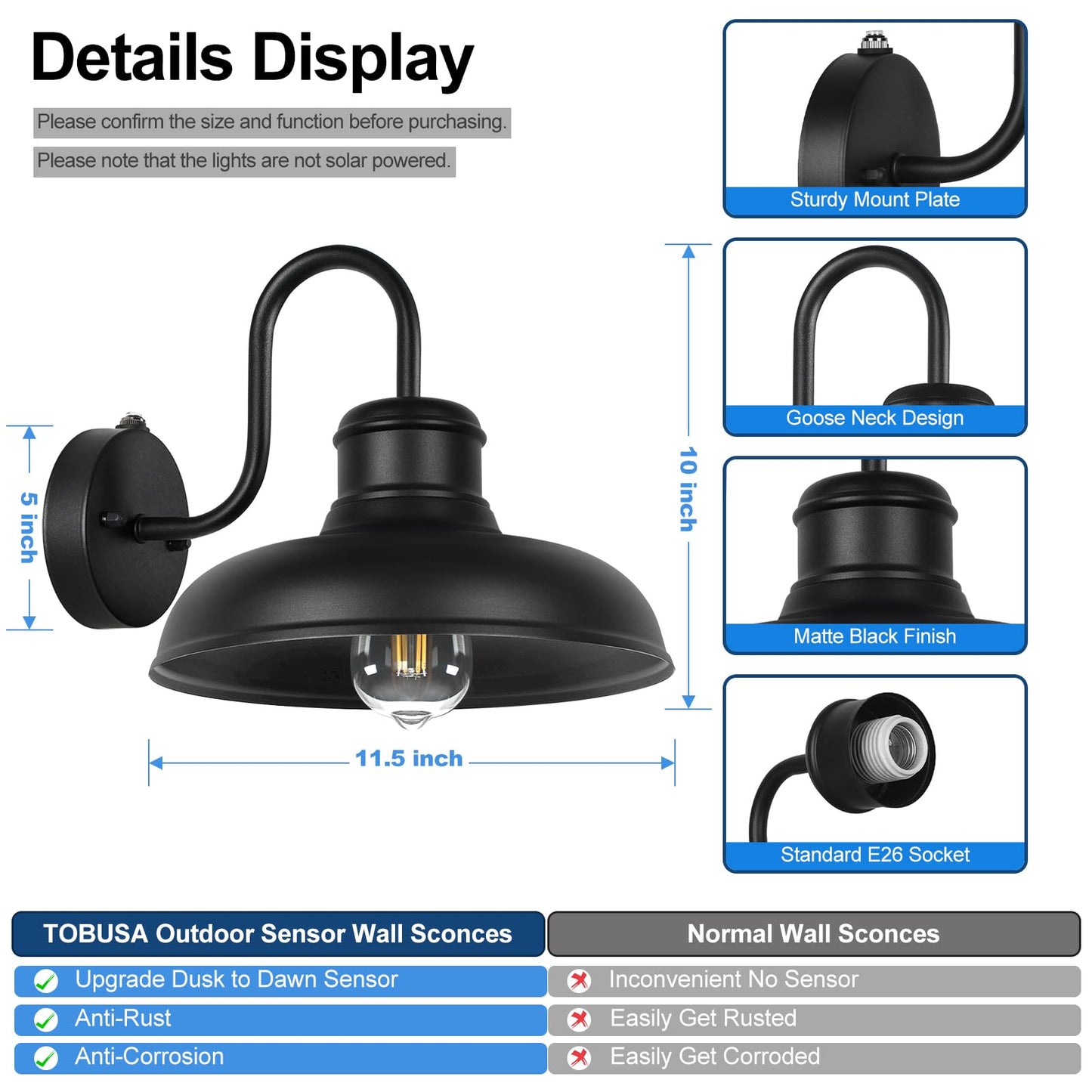 TOBUSA Outdoor Wall Lights 2-Pack, Gooseneck Barn Sconces, Waterproof, 11.5in Black, Model B11023PP