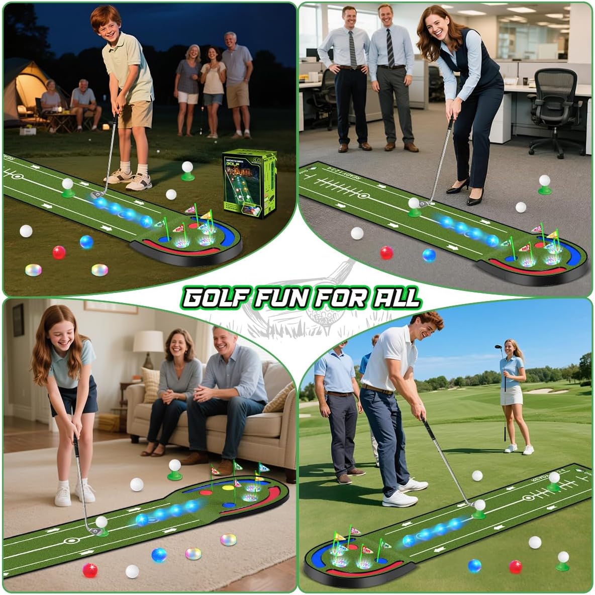 Upgraded Golf Putting Mat for Kids, 7.8 Ft Putting Green with LED Light up Holes, Glowing Balls, 2 Clubs, Toy Golf Game Set, Golfing Mats Indoor Outdoor, Sport Golf Gift for Kids Teens Family