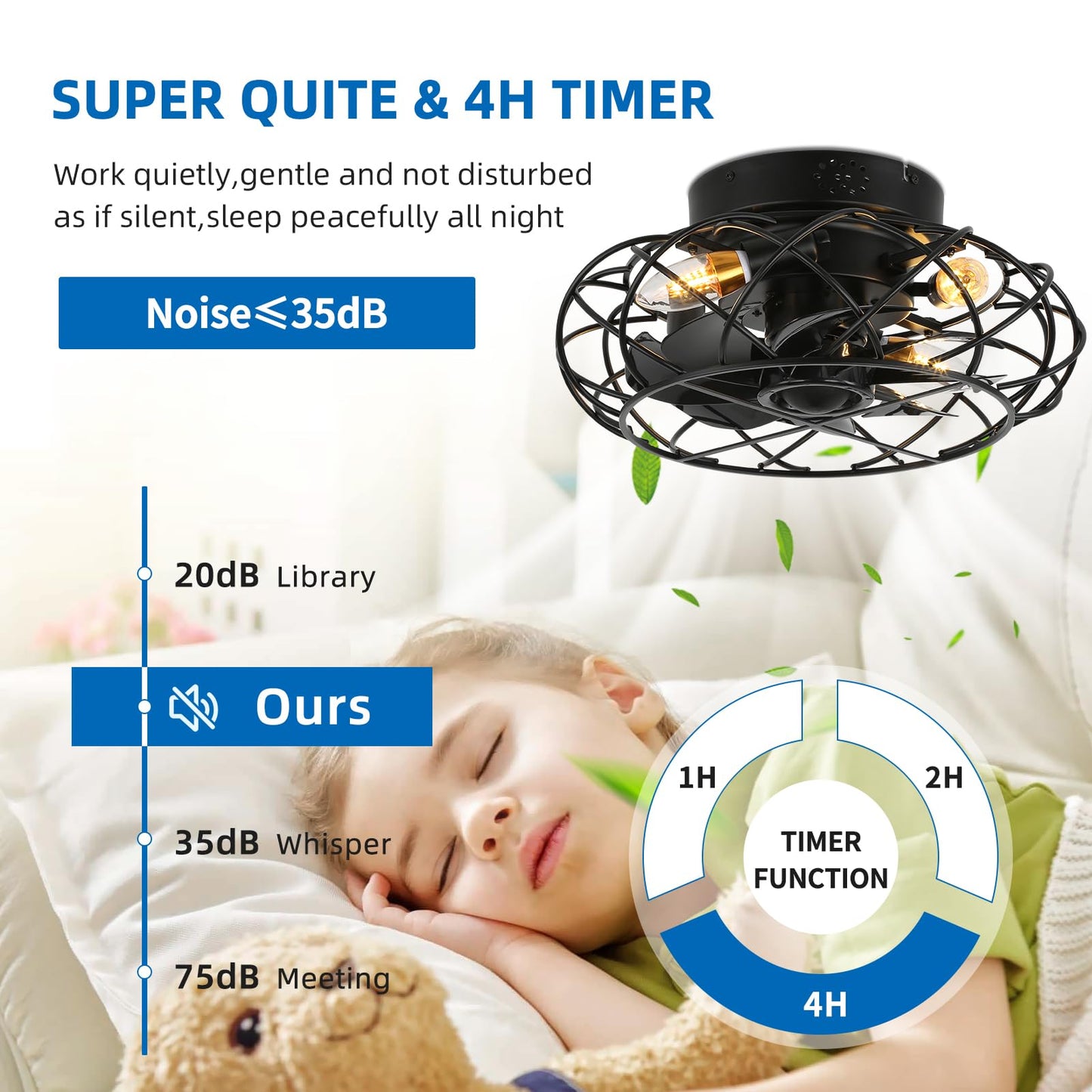 Yyehon Caged Ceiling Fan With Lights And Remote Control, Flush Mount Bladeless Chandelier Fan, 16.1 Low Profile Fandelier For Be