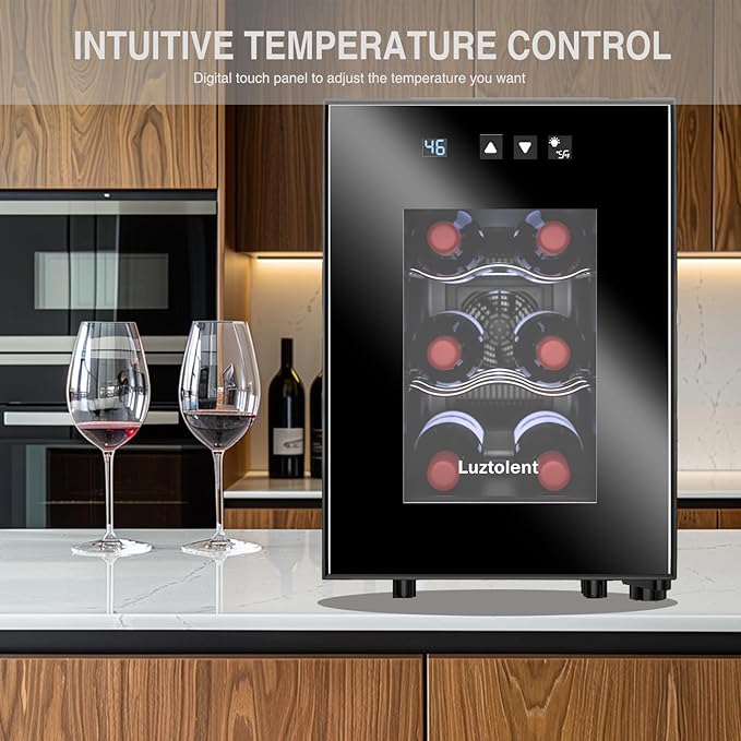 6 Bottles Wine Fridge, Thermoelectric Countertop Wine Cooler Refrigerator, 46-66℉ Digital Temperature Control &Energy Efficient Cooling, 38dB Quiet Mini Fridge for Home, Apartment or Office