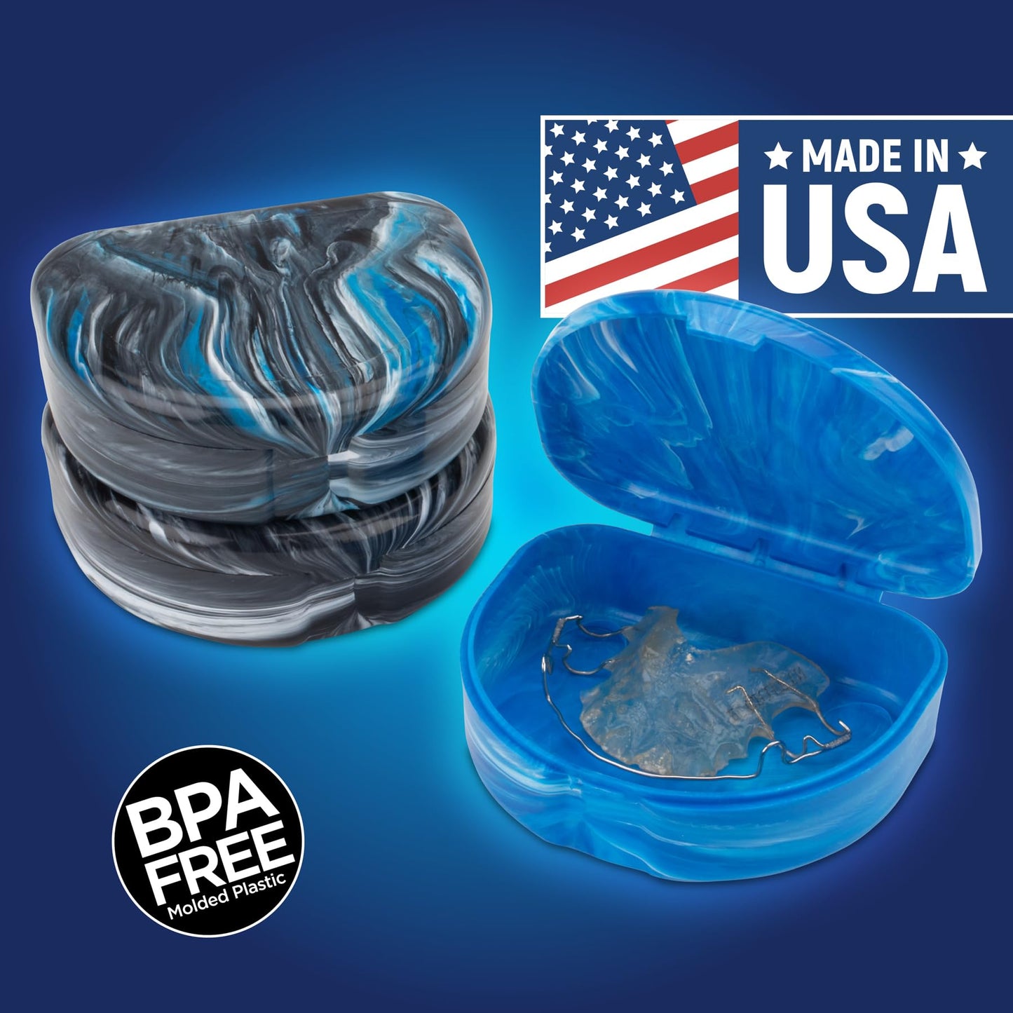 Practicon Marble Retainer Cases, Orthodontic Aligner Case, Mouth Guard Holder (3 Pack) (Midnight)
