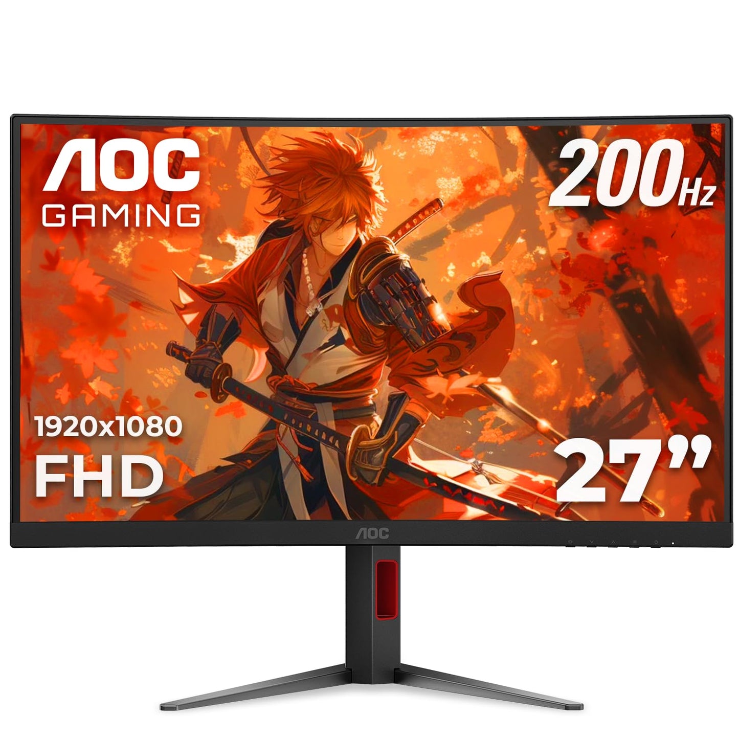 AOC C27G4H2 27 Curved Gaming Monitor, FHD 1920x1080, 1500R, 200Hz Refresh Rate, 0.3ms Response Time, Height Adjustable, Black, X