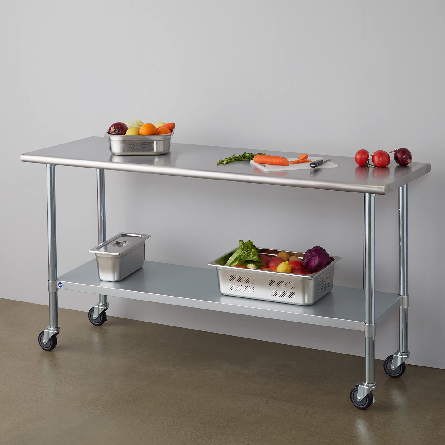 ROCKPOINT Stainless Steel Table for Prep & Work with Caster Wheels 24x72 Inches, NSF Metal Commercial Kitchen Heavy Duty Table with Adjustable Under Shelf and Table Foot for Restaurant, Home and Hotel