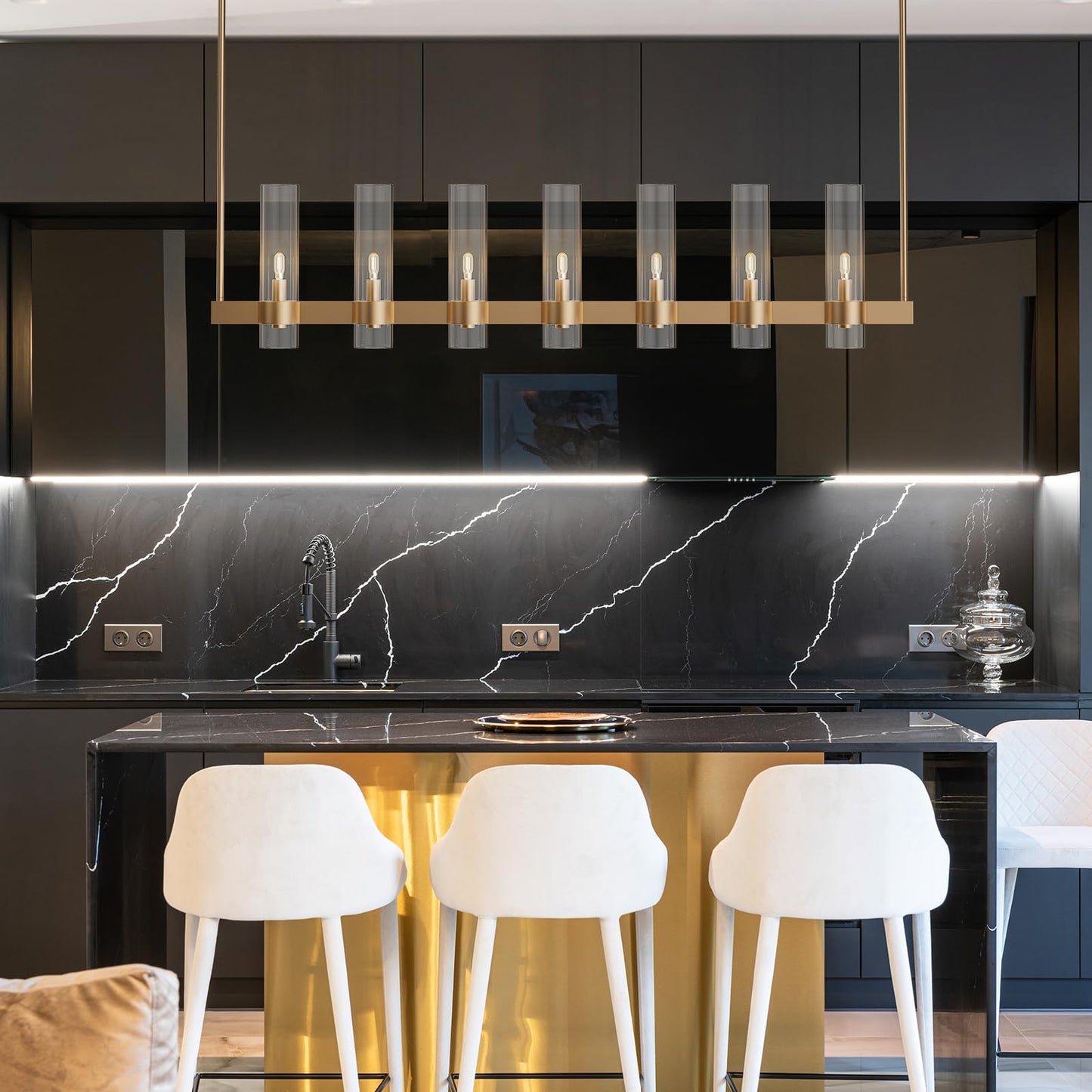 Yiosi Brass Kitchen Island Lighting- 7-Light Linear Chandelier Adjustable 47 Modern Farmhouse Rectangle Pendant Light Fixtures Dining Room Bedroom