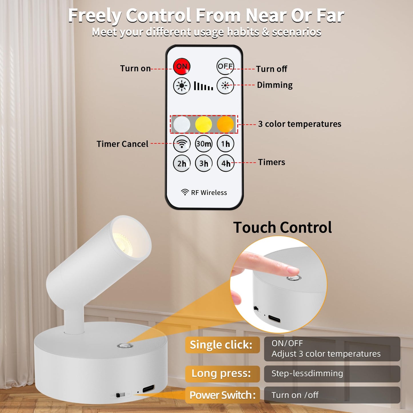 GORDNWE LED Rechargeable Spotlight, Dimmable Wireless Wall Lamp, Remote Control & Timer, Aluminum, White, 2 Pack, Model DX0036