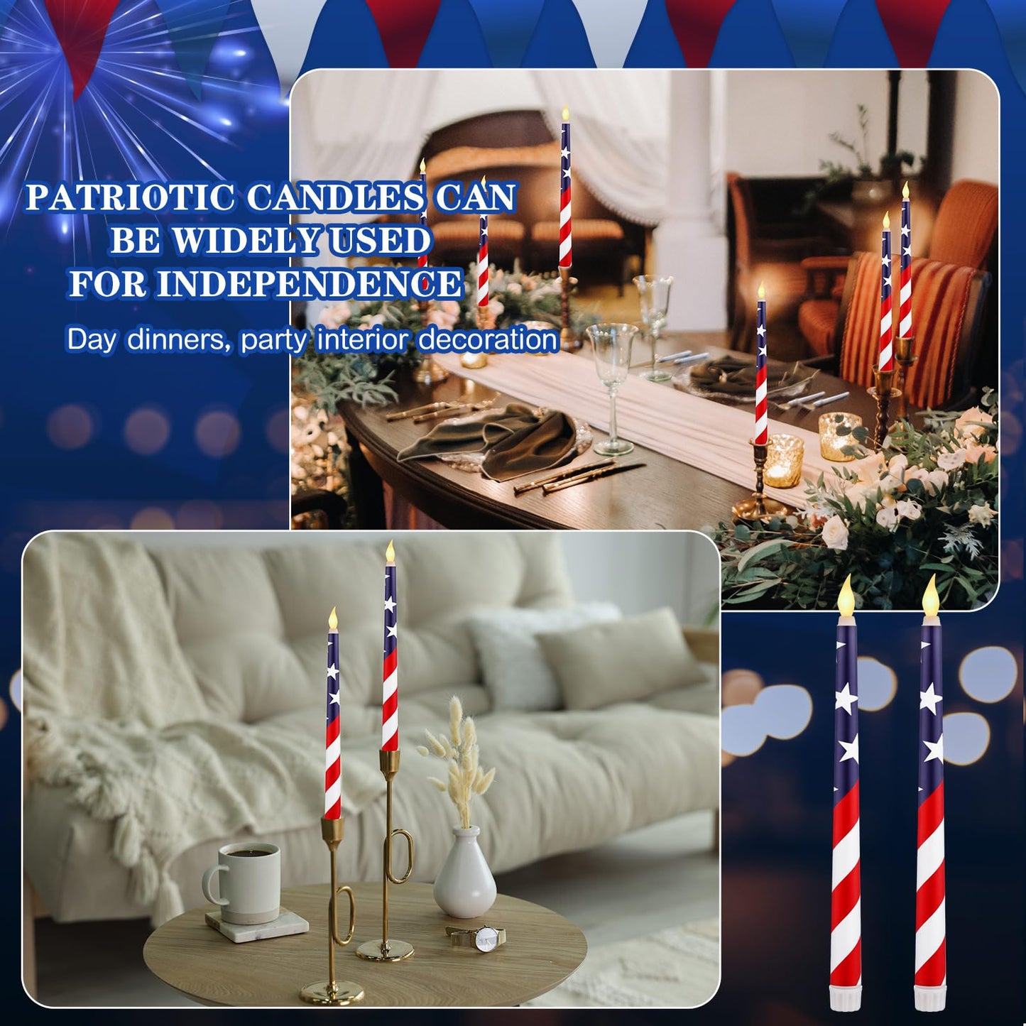 Aurelema 8 Pcs Patriotic Candles Flameless Taper Candles With Remote & Timer 4Th Of July American Flag Flameless Candlesticks Fl