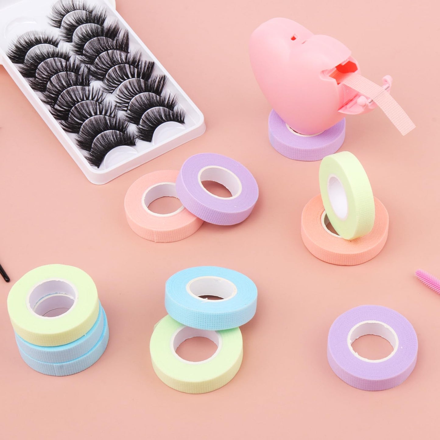 Mekupeu Eyelash Extension Tape Breathable Eyelash Tape with Heart Shaped Tape Cutter Adhesive Non Woven Eyelash Tape Ladies Make