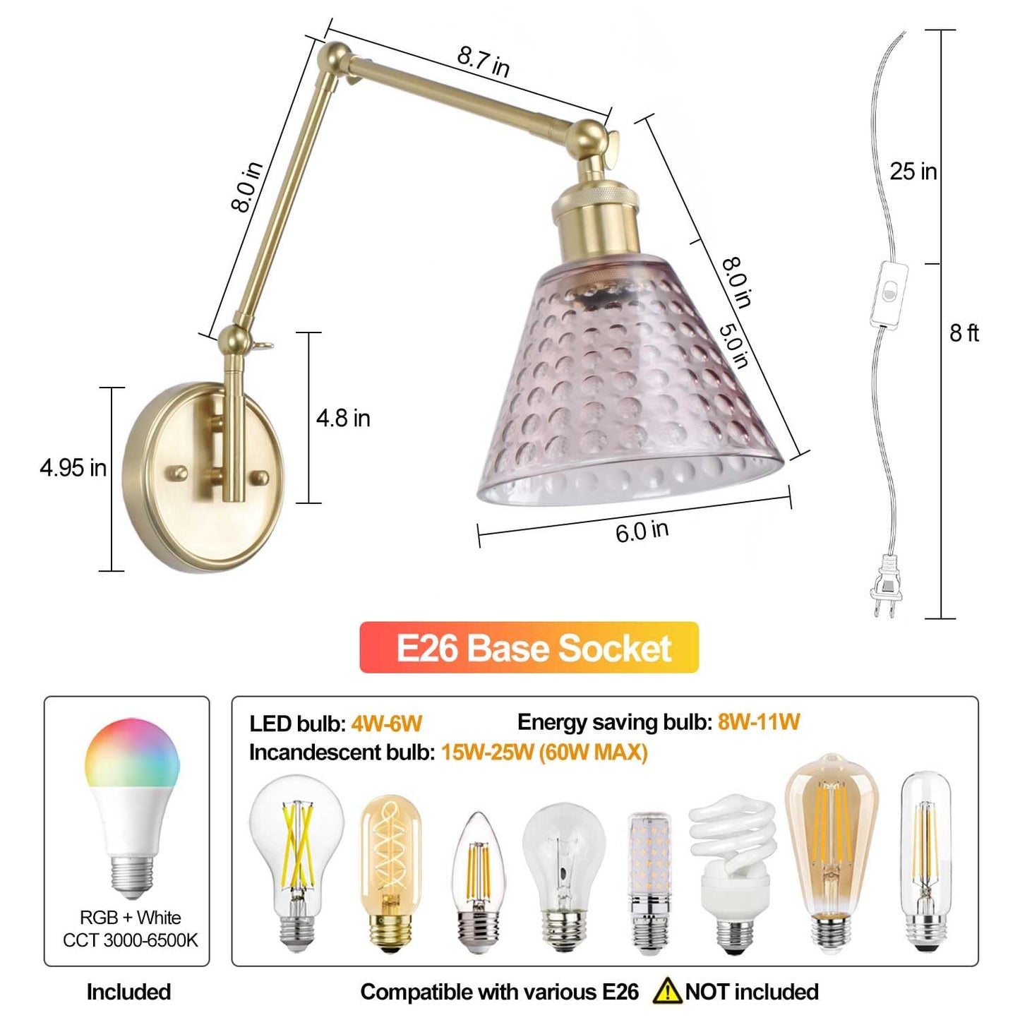 BARSUNS Swing Arm Wall Sconce, Adjustable Brightness, RGBW Bulb, Gold Lamp Body & Coffee Shade, Model BS-WL351YC-B, Plug-in/Hardwire
