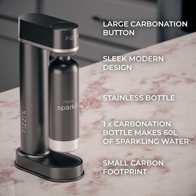 Fizzit Spärklï Carbonated Water Soda Maker with 1 Black Stainless Steel Bottle & 2 White Stainless Steel Bottles