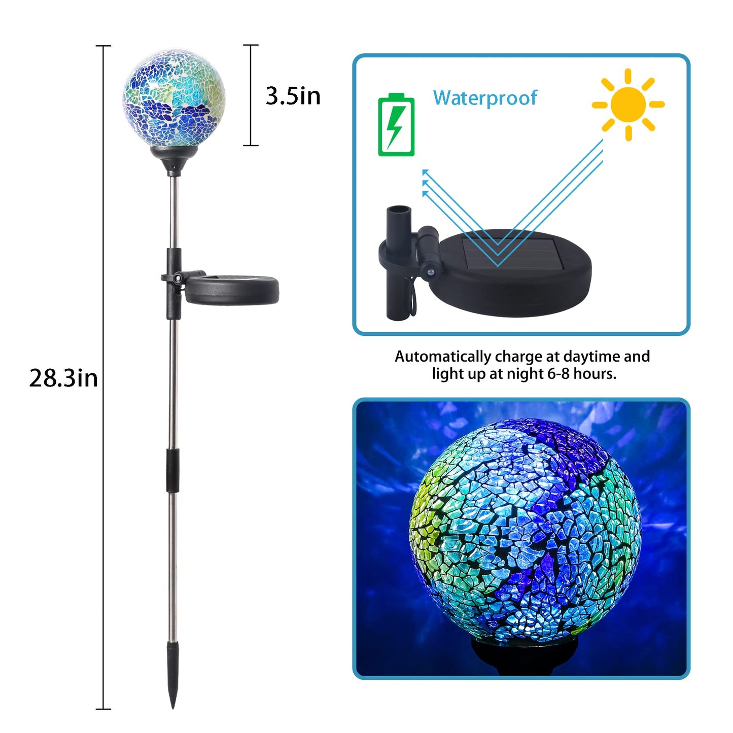 WNP Outdoor Mosaic Solar Light Stake Decor - Waterproof LED Garden Light, Blue Glass Ball
