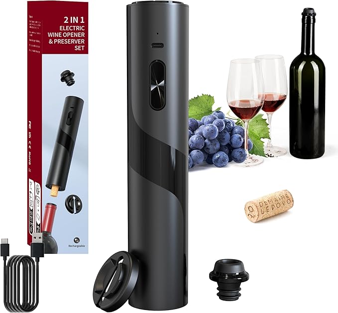 Electric Wine Opener Wine Preserver 2-in-1, Wine Opener Electric Corkscrow at BOTTOM + Vacuum Wine Preserver Pump at TOP | Automatic Wine Opener & Wine Saver COMBINED, Nice Home Gifts