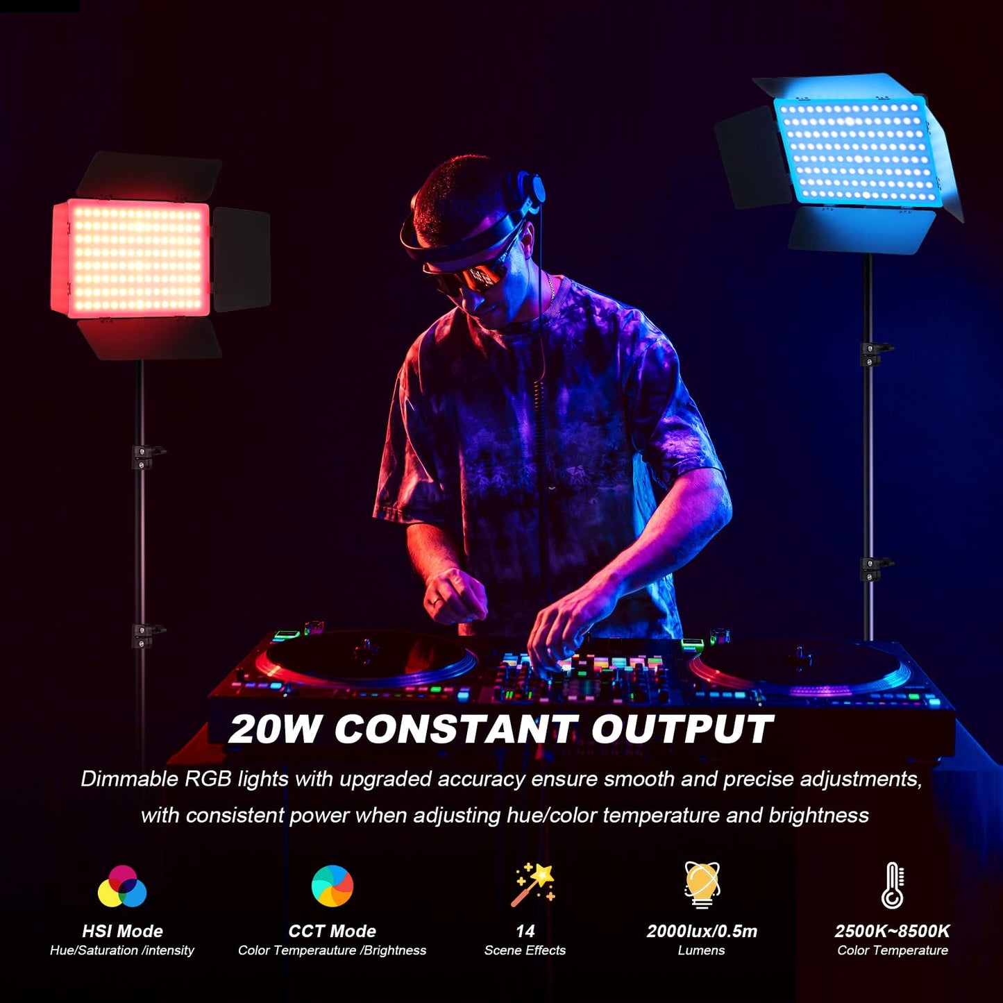 2Pack RGB LED Video Light 12.6in Panel with Barn Door Kit, 20W/2500~8500K/14 Effect/2000lux@0.5m RGB Studio Panel Light Kit with Phone Holder for Gaming Streaming Zoom YouTube Photography