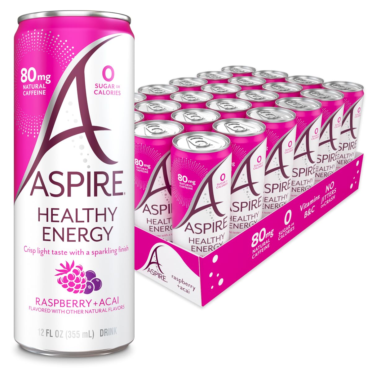 ASPIRE Raspberry Acai 24 Pack - Sugar Free Natural Caffeine Low Caffeine Sparkling Drink - Keto Friendly - Refreshing Sparkling Boost