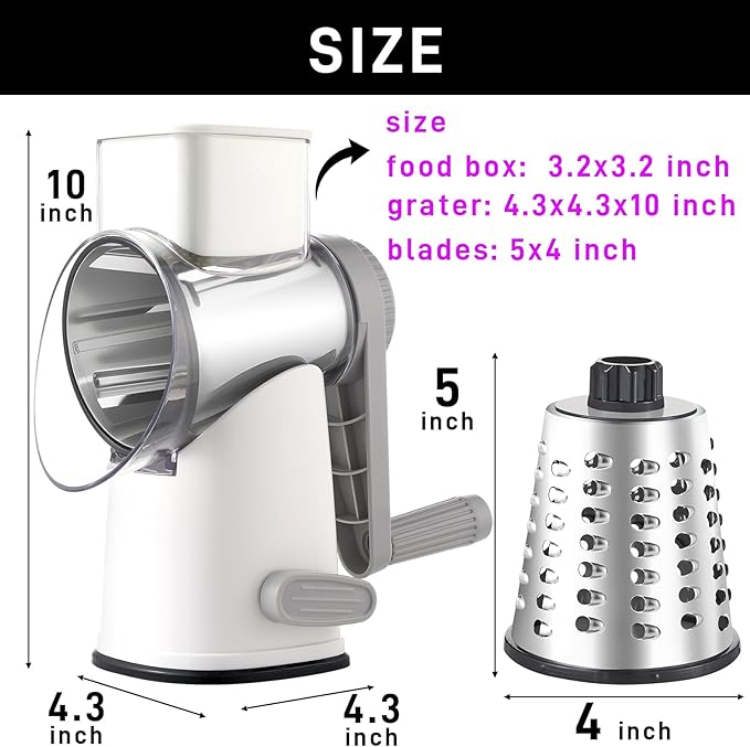 Rotary Cheese Grater with 4 Blades, Hand Crank Cheese Grater with Waffle Slicer, Black and White Cheese Slicer with Suction Base, Easier for Shredding& Grating (White and Grey, 4 Graters)