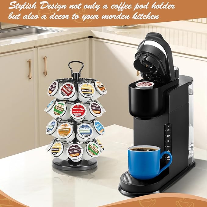 K Cup Holder, K Cup Carousel, Coffee Pods Storage Organizer Stand (Black, 32 Pods Capacity K/D Design)