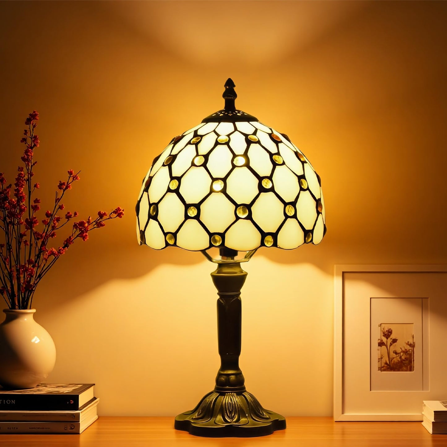 Exporify Tiffany Table Lamp,Yellow Beads Stained Glass Lamp,8 Small Tiffany Style Desk Lamp for Living Room Home,Bedroom Bedside