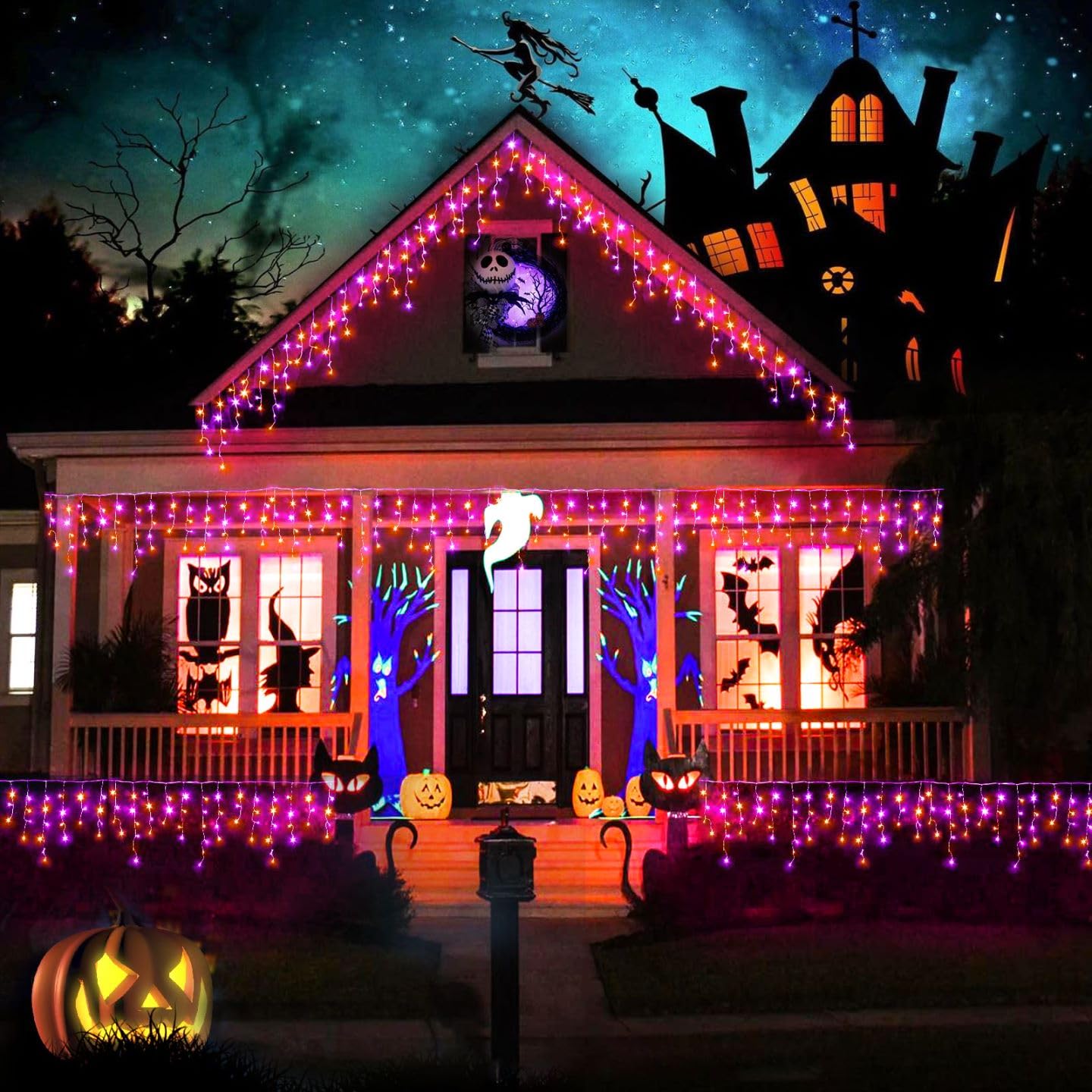 33Ft Christmas Lights Outdoor 400 Led Icicle Lights For Outside Orange And Purple Twinkle Christmas Light With Connectable Clear Wire 8 Modes Timer Waterproof For House Party Tree Holiday Yard Decor