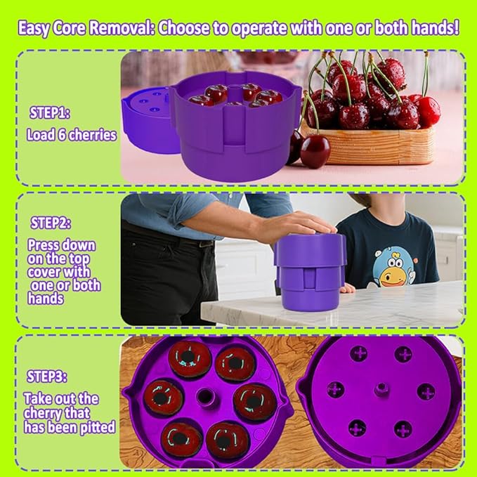 Cherry Pitter – Multi Cherry Tool 6 at Once, Full Detachable Cherry Seed Remover, Fast Cleaning for Baking, Canning, Jam, Dishwasher Safe with Pit Storage Case, (Purple)