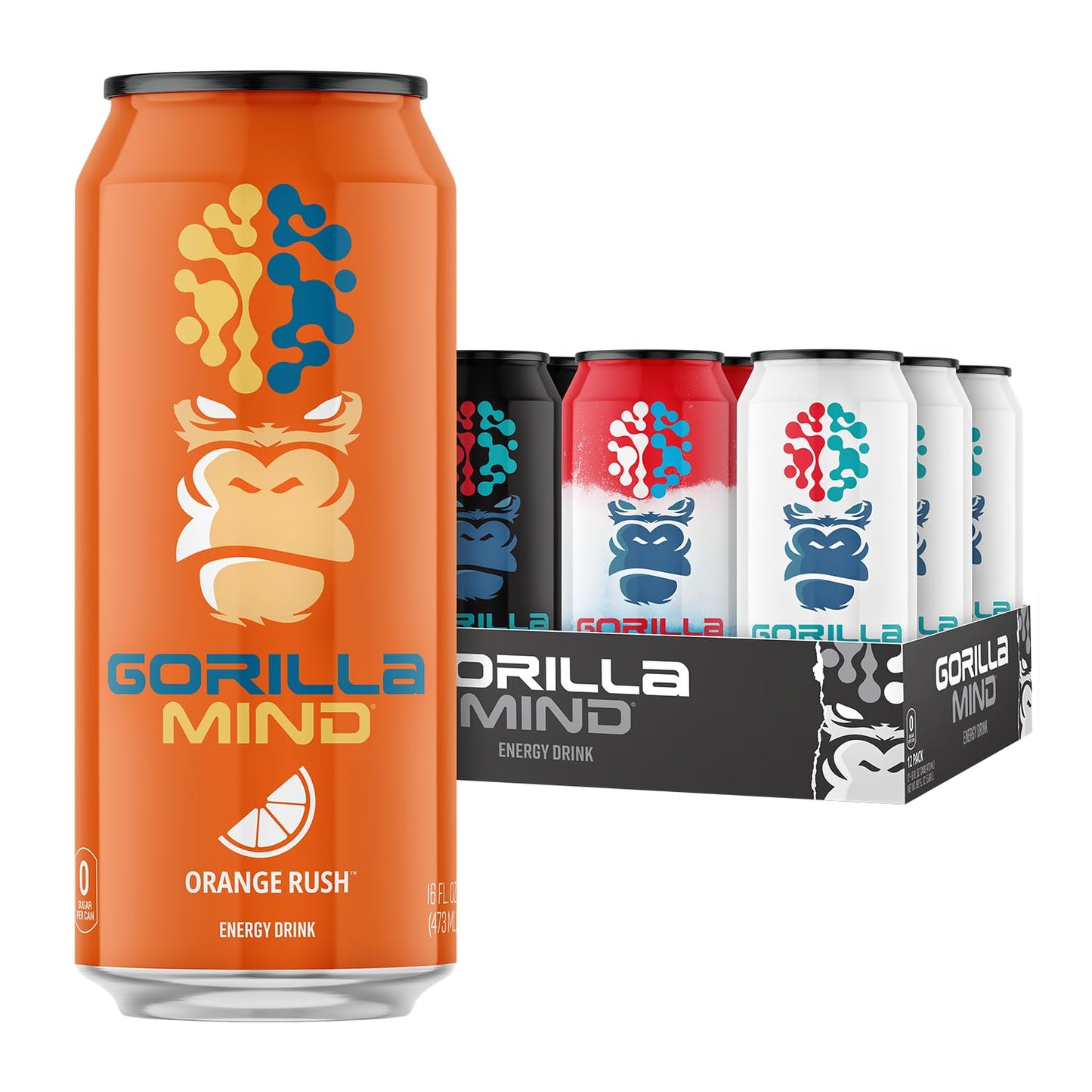 Gorilla Mind Energy Drink | Unmatched Energy Amplified Focus | N-Acetyl-L-Tyrosine Alpha-GPC 200mg Caffeine Uridine Saffron | 0 Sugar Or Artificial Colors | 16oz | 12-Pack (Variety Pack #2)