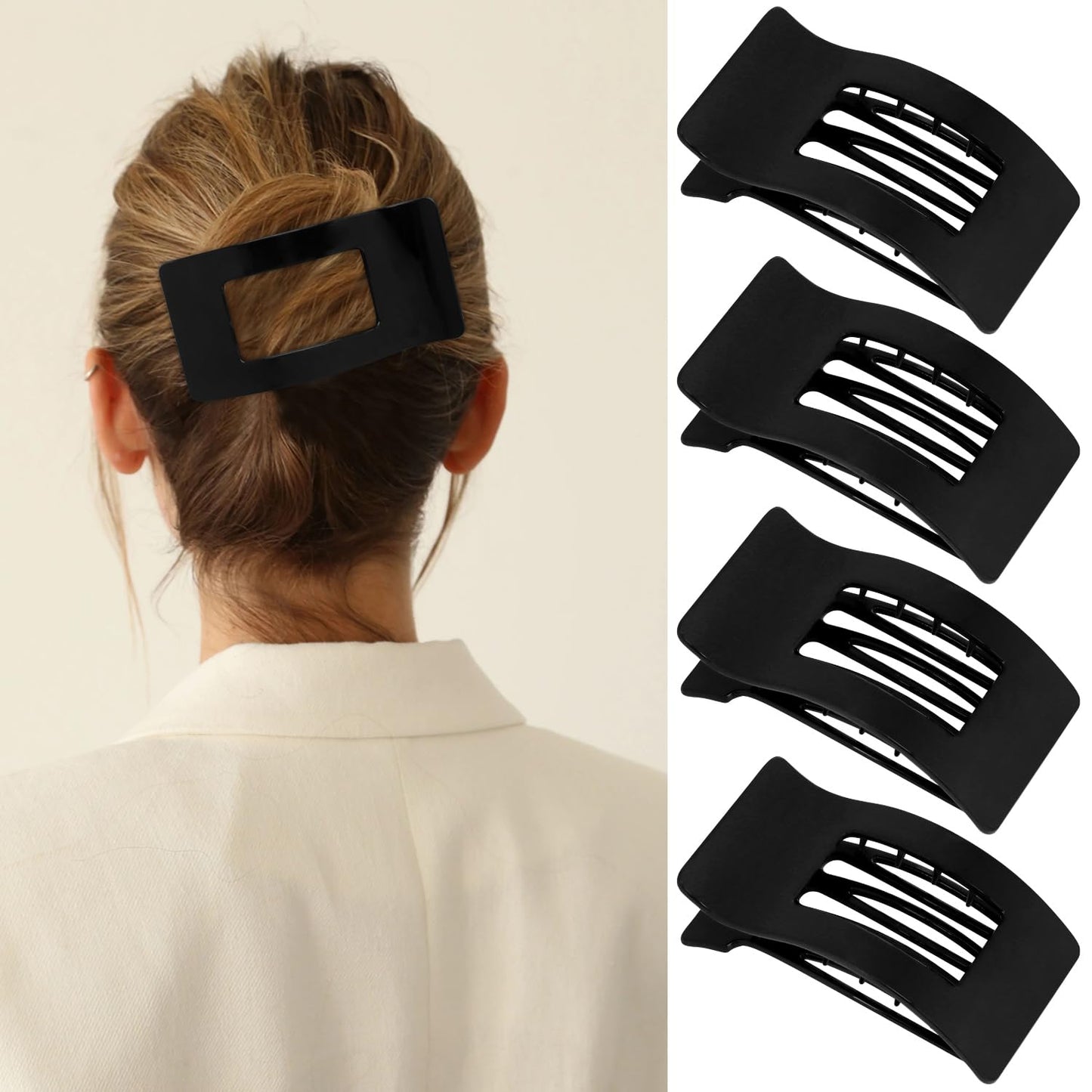 Velscrun Flat Hair Clips for Women Girls, Bright Black Lay Flat Claw Clips, Strong Hold Large Side Hair Clip All Hair Types, Fre