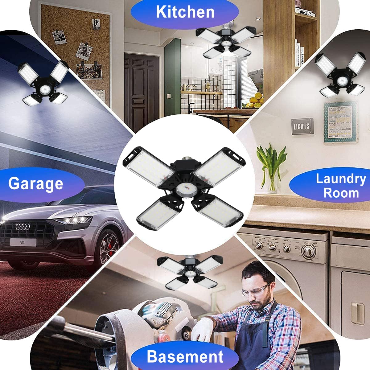 150W Led Garage Light - 15000 Lumen Ceiling Light With 4+1 Adjustable Panels Daylight Led Shop Light Bulb Fixture For Garage Workshop