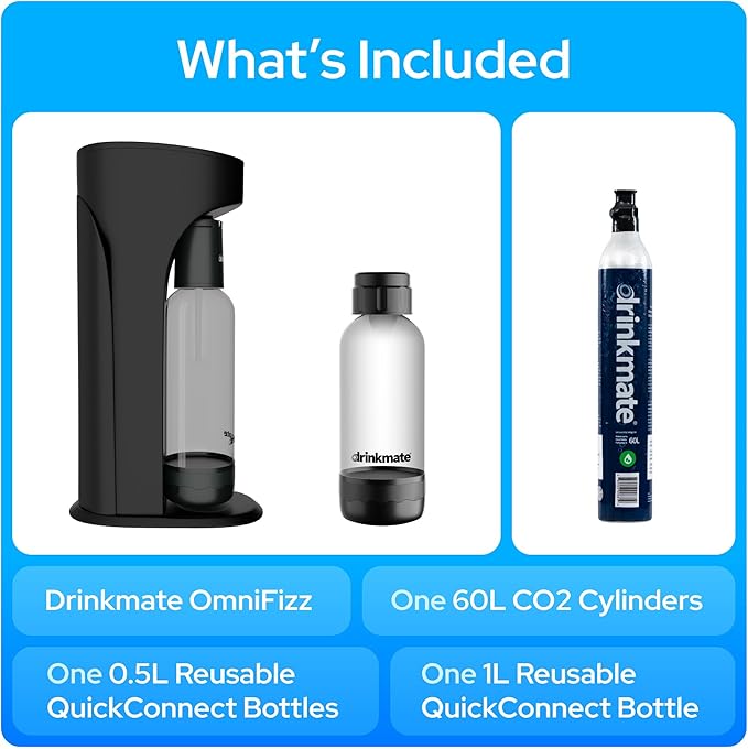 DrinkMate Sparkling Water and Soda Maker, Carbonates ANY Drink, Includes One 1L and One 0.5L Re-usable BPA-free Carbonating Bottles, 60L CO2 Cylinder and Patented Fizz Infuser, Matte Black